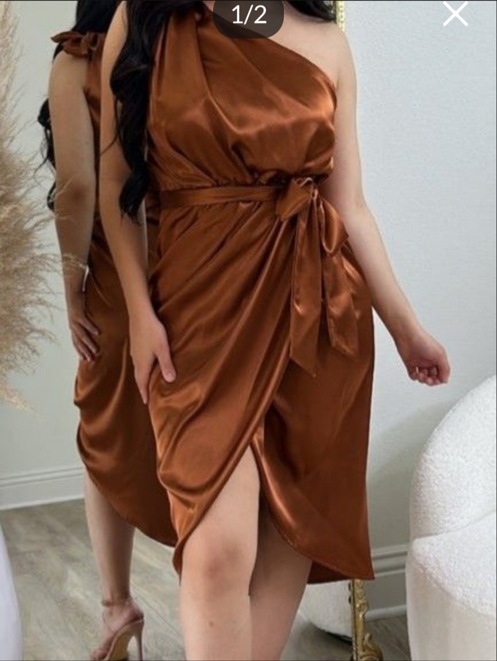 Satin Wrap Midi Dress in Rust